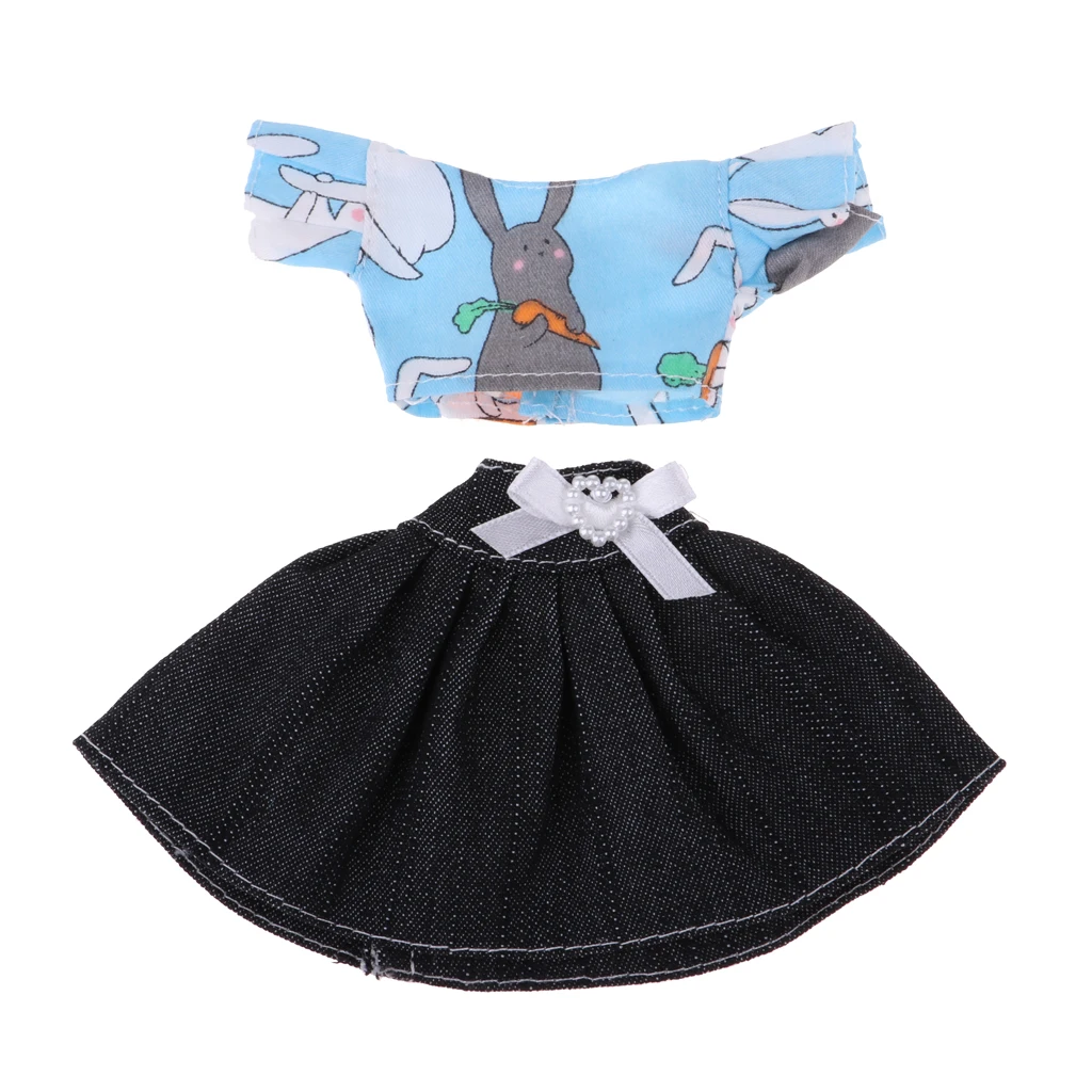 Fashion Doll Outfits Rabbit Tops & Black Denim Jean Dress Skirt For   Dolls Accessory Blue	