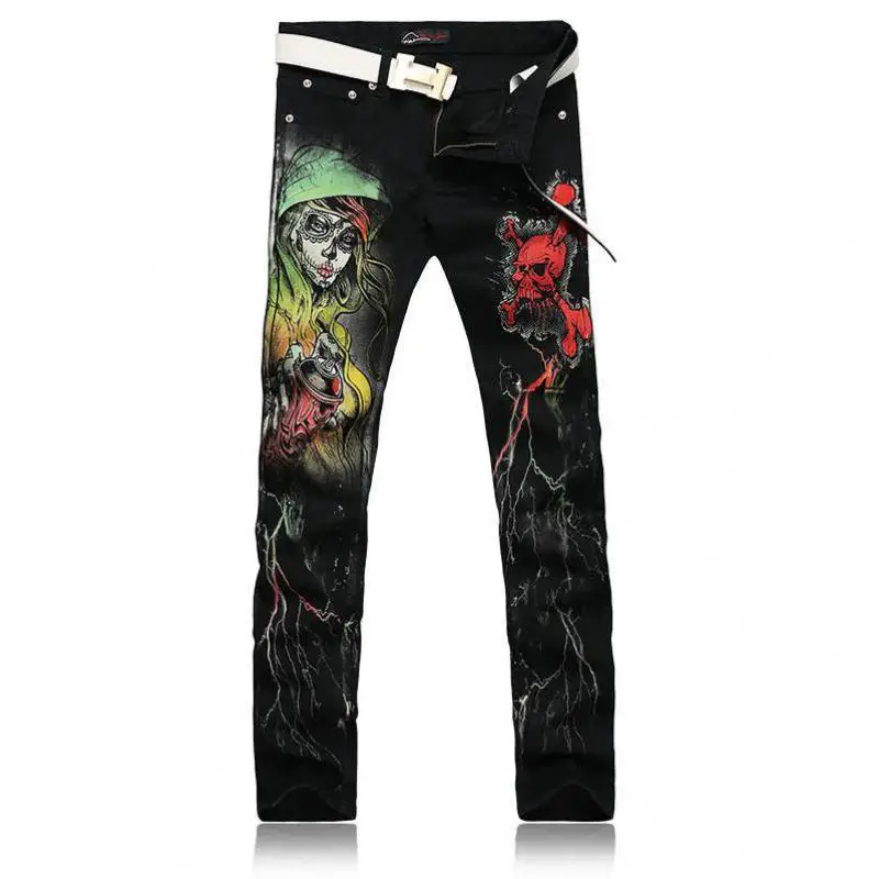 

Thintenda 2018 New Men's Fashion Skull Printed Jeans Slim Fit Stretch Jeans Men Casual Print Denim Pants Mens Skinny Jeans Black