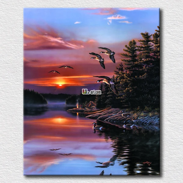 

Red sunset and beautiful bird oil painting reproduction high quality canvas prints hang on the living room