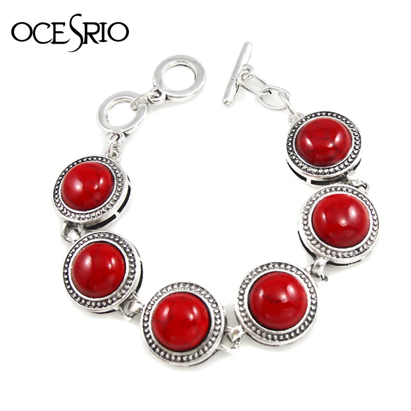 OCSRIO винтажные браслеты с камнями красные и зеленые бусины камушки серебряные