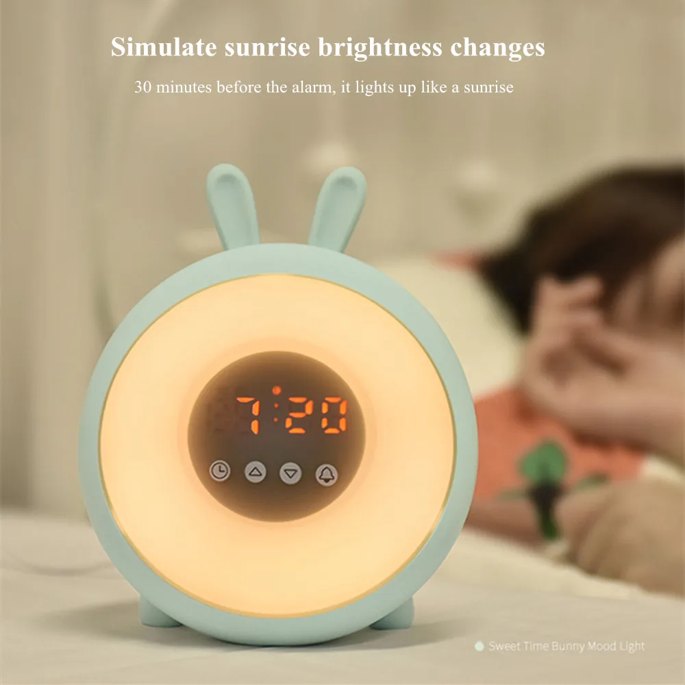 Bunny Alarm Clock with Touch Sensor Colorful LED Night Light Sunrise Sunset Modes Stepless Dimming Rabbit Bedroom Bedside Lamp (14)