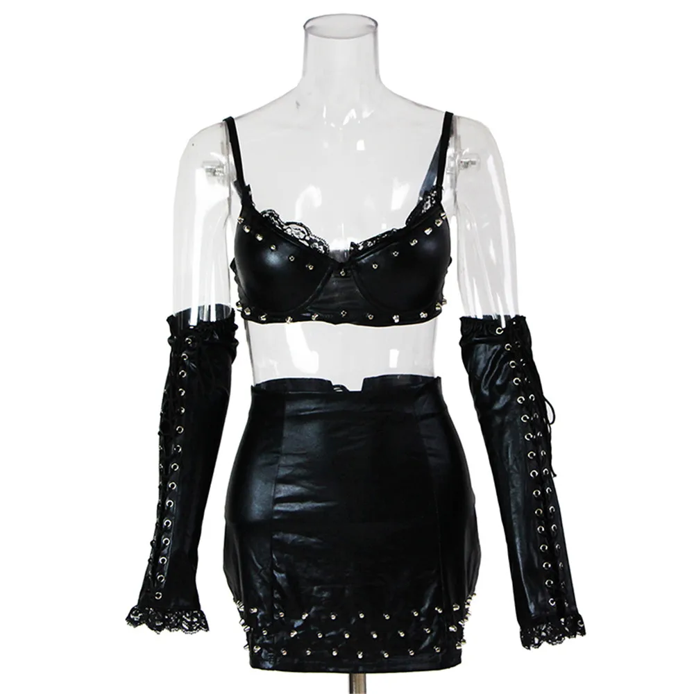 Exotic Apparel Women Lingerie Set Gothic Steampunk Black Rivet Vinyl Leather Bra Mini Skirt Sex Set Club Wear Christmas Lingerie (4)