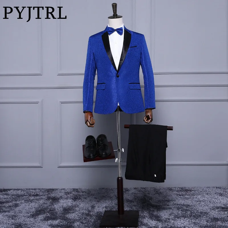 

PYJTRL Royal Blue Red White Jacquard Mens Classic Suit Slim Fit Tuxedo Wedding Suits With Pants Groom Stage Singer Costume Homme