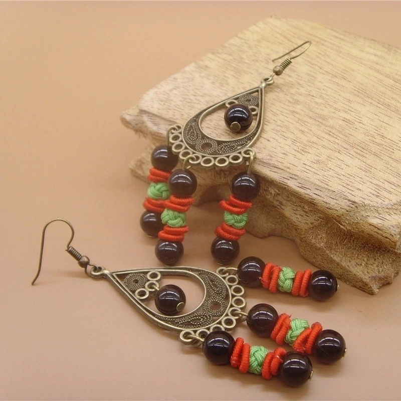 

National Style Retro Black Chalcedony Earrings Bronze Long Drop-Shaped Earrings Girls Bohemian Fashion Jewelry Free Shipping