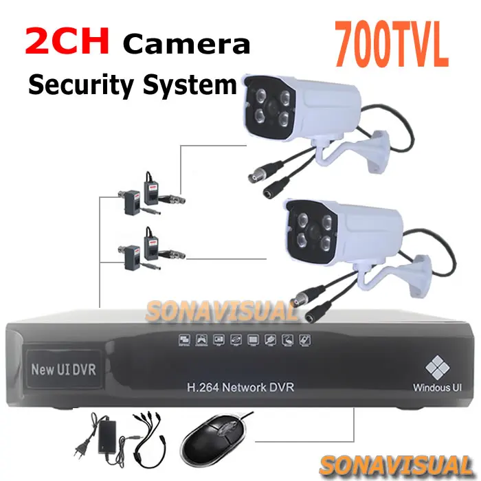 

CCTV Camera System 1/4'' CMOS Sensor 700TVL IR Security Cameras Waterproof + 2 Channel CCTV DVR Recorder H.264 HDMI Remote View
