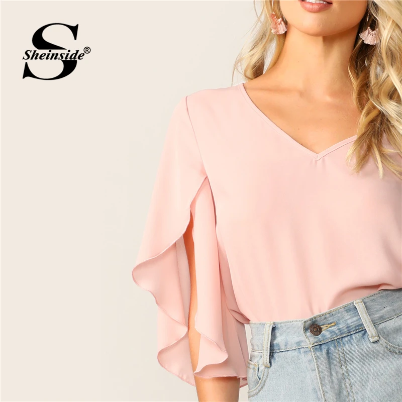 Sheinside Pink Pastel Casual Womens Tops And Blouses Split Bell Sleeve Solid Top 2019 V Neck Half Sleeve Women Summer Blouse Sheinside Pink Pastel Casual Womens Tops And Blouses Split Bell Sleeve Solid Top 2019 V Neck Half Sleeve Women Summer Blouse