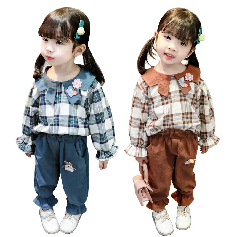 2019 Casual Baby clothes for girls Plaid Print Tops Blouse Cartoon Pants Trousers Outfits Autumn Baby Clothes