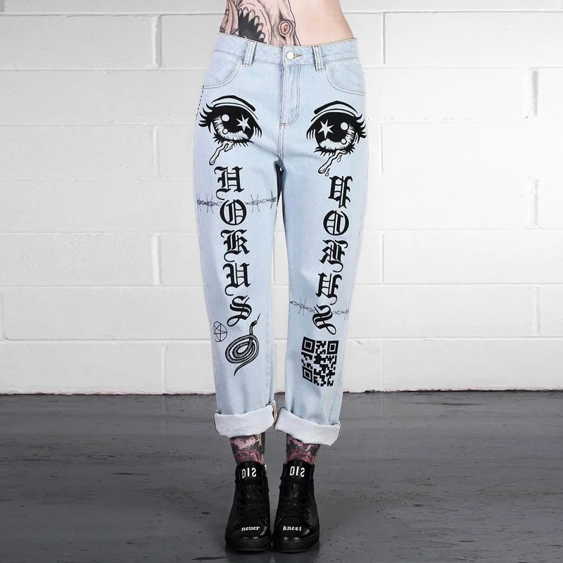 

Women Cool Jeans Vintage Printed Eyes Streetwear 2019 New Girls Fashion Pants Straight Light Blue Low Waist Trousers S,M,L