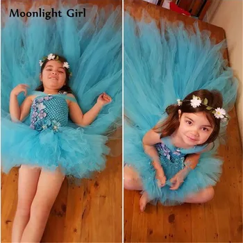 

New Arrival Flowers Princess Girls Wedding Party Dresses Mini Birthday Dress With Long Train Fluffy Tutu Dress For Kids PQ185