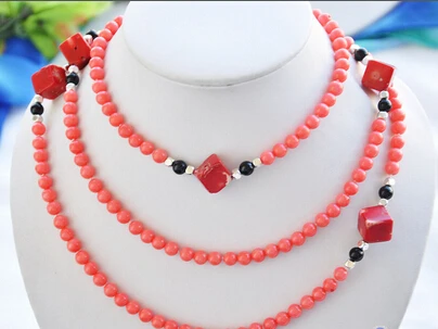 

huij 004819 50" 6mm round pink coral square red coral black agate necklace