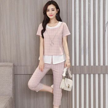 

Fashion Plaid Summer New Top&pants Set Elegant Temperament Thin Two Piece Sets Feminina Classical Office Work Women's Suit