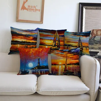 

Oil Painting Cushion Cover nightscape city boat the setting sun art Pillow Case Home Decoration living room sofa chair seat gift