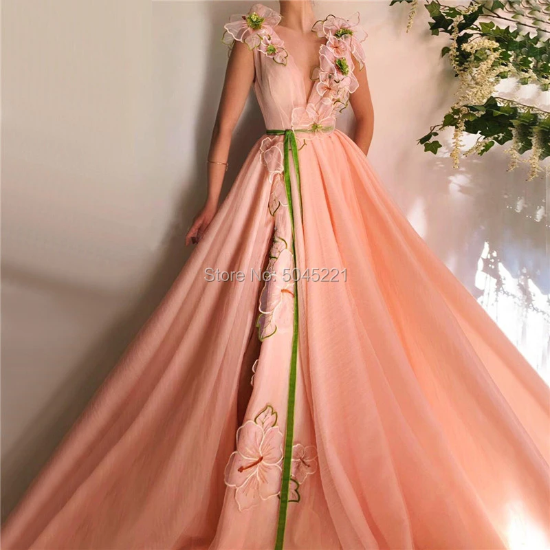 Peach Flowers Sashes A-Line Evening Dresses 2019 V-Neck Sexy Tulle Muslim Islamic Dubai Prom Gowns Party Handmade Robe De Soiree