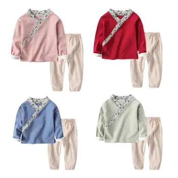 

Spring 2pcs/set Cotton Vintage Chinatown Hanfu Kids Boys Girls kung fu Suit Chinese Traditional Costume Children Clothing set