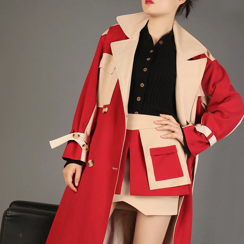 Longues Automne Femelle Lacent Twotwinstyle Décontractés Couleur Hit Nouveau Red Femmes Vêtements Coupe vent 2018 Manteau À Mode Manches Des Coat Patchwork Tranchée LzVjpGqSMU