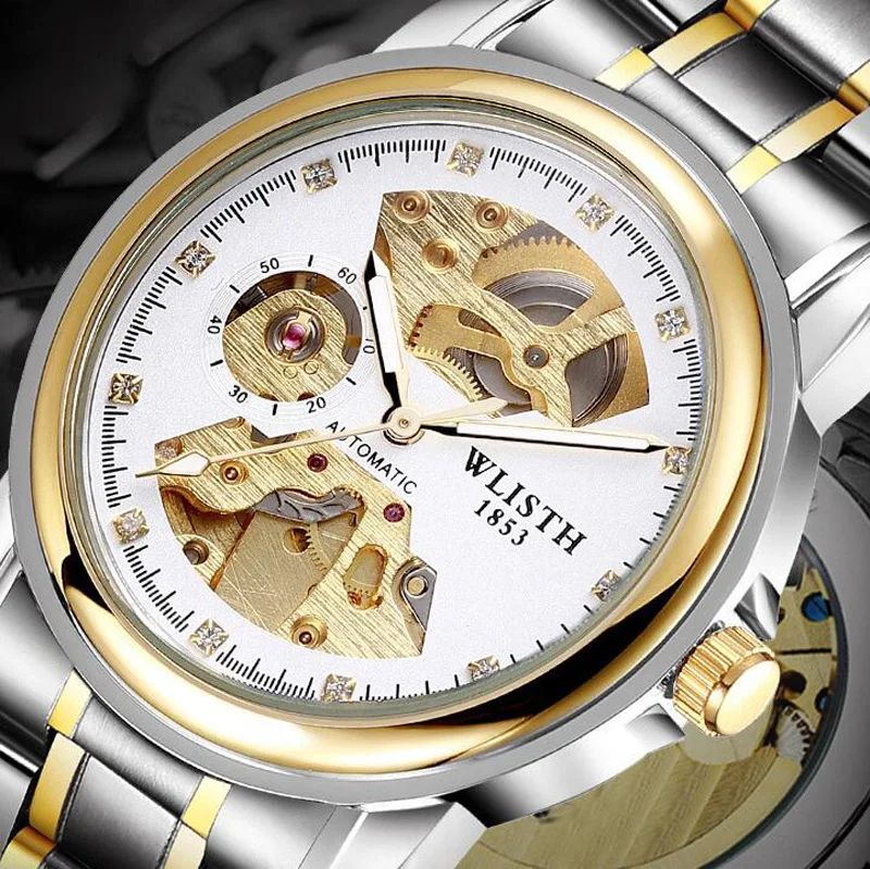 

Top Wlisth Brand Men Skeleton Gold Watch Automatic Mechanical Mens Steel Watches Waterproof Self-winding Clock Stainless 2019