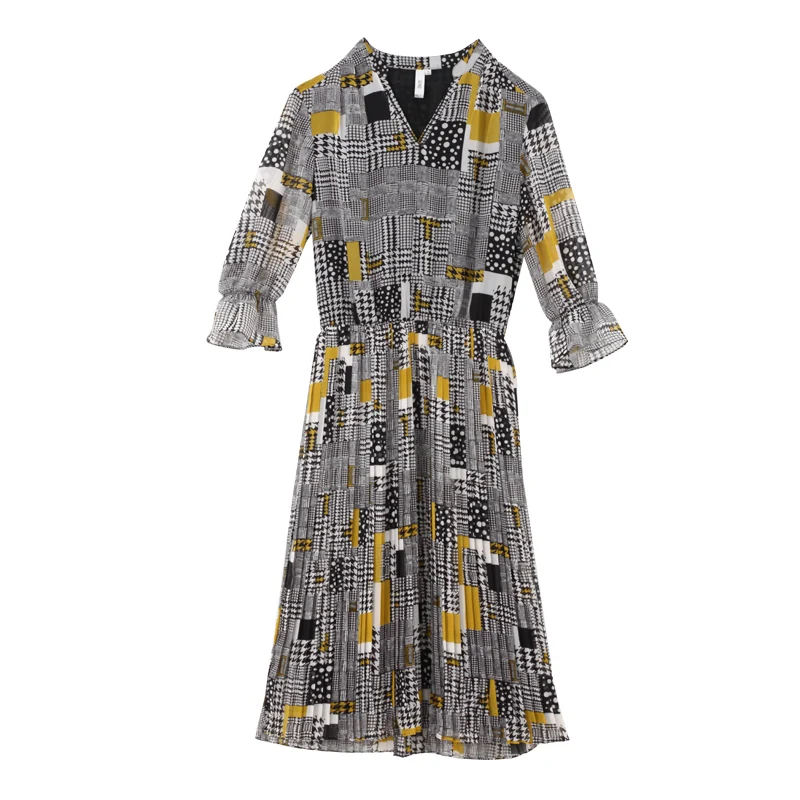 Женское платье с геометрическим принтом V образным вырезом и рукавом 2019|long dress|summer