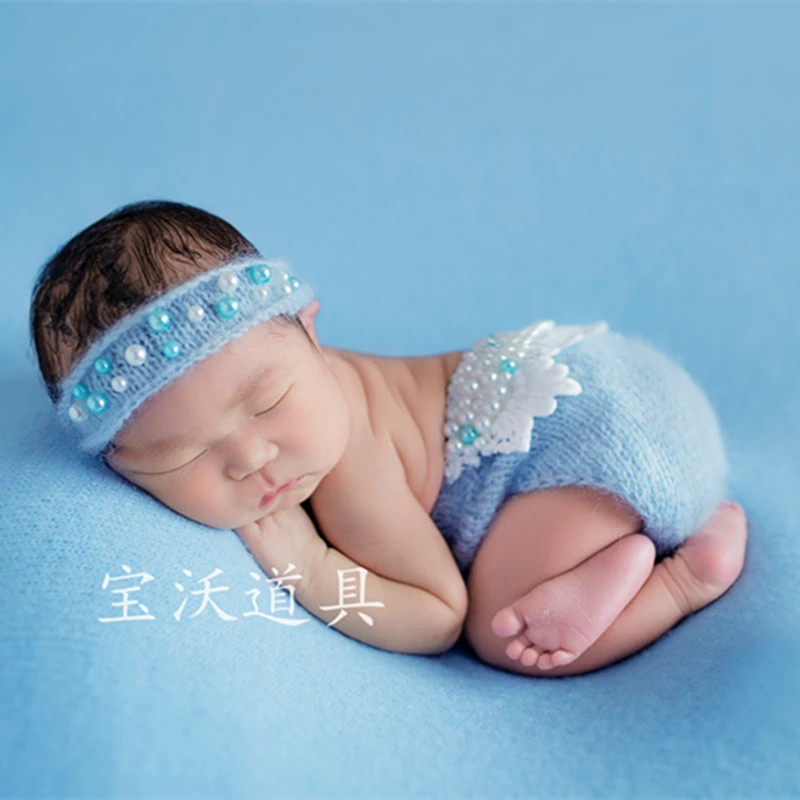 Handmade knit stretch blanket and mohair romper headband full set Newborn theme photography props |