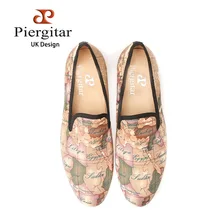 PIERGITAR handcraft men fabric shoes with world map printing UK design casual smoking slippers Party dress loafers men’s flats