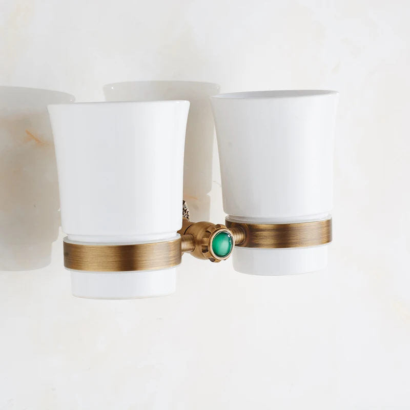 Vintage antique brass double cup holder luxury style antique copper toothbrush double tumbler&cup holder wall mount bath product