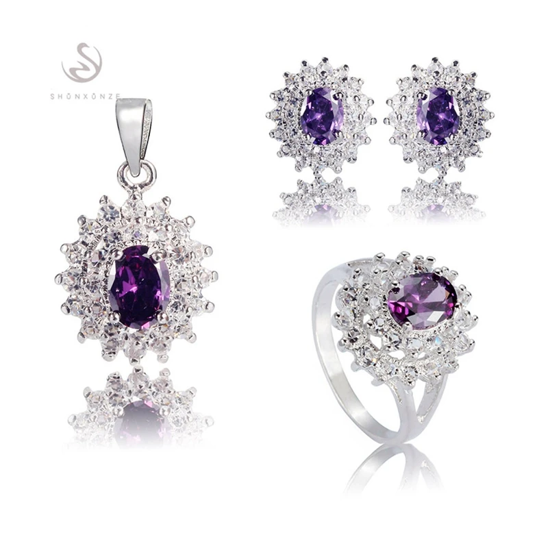 

SHUNXUNZE charms Engagement Wedding jewelry sets for women accessories Purple Cubic Zirconia Rhodium Plated R681set size 6 7 8 9