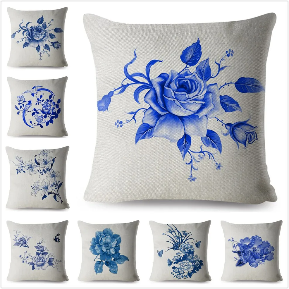 China Beautiful Blue Flower Print Throw Pillow Cover 45*45 Square Cushion Covers Linen Pillows