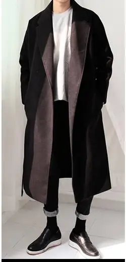 Мужская одежда осень и зима длинный дизайн шнуровка кашемировое пальто уличный Свободный Тонкий шерстяной пальто Верхняя одежда xS-3XL - Цвет: black