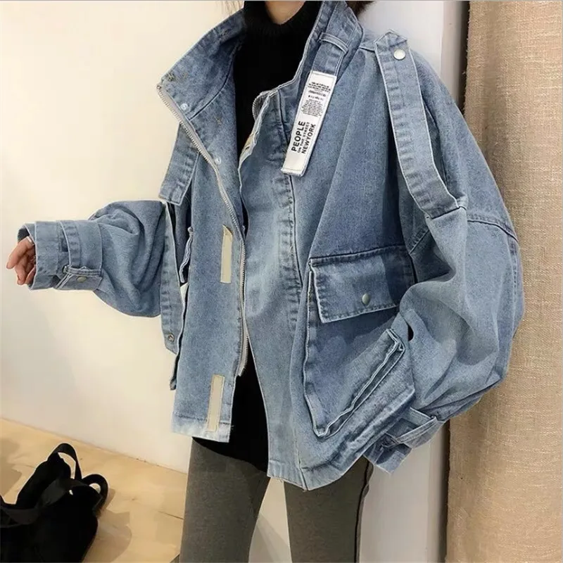 

Women Windbreaker Female Loose Streetwear Basic CoatsSpring Denim Jacket Casual BF Jeans Jacket Holes Vintage Harajuku Coat