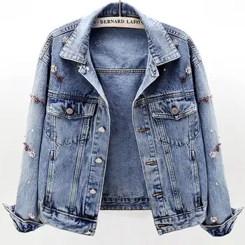 

spring autumn new fashion jeans coat women diamond beaded long-sleeved loose denim jacket