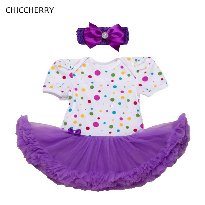 Moda 2017 Polka Dot Roxo Rendas Petti Romper Vestido com Headband Infantil Vestidos Para Meninas Vestido Bebe Menina Roupa Do Bebê
