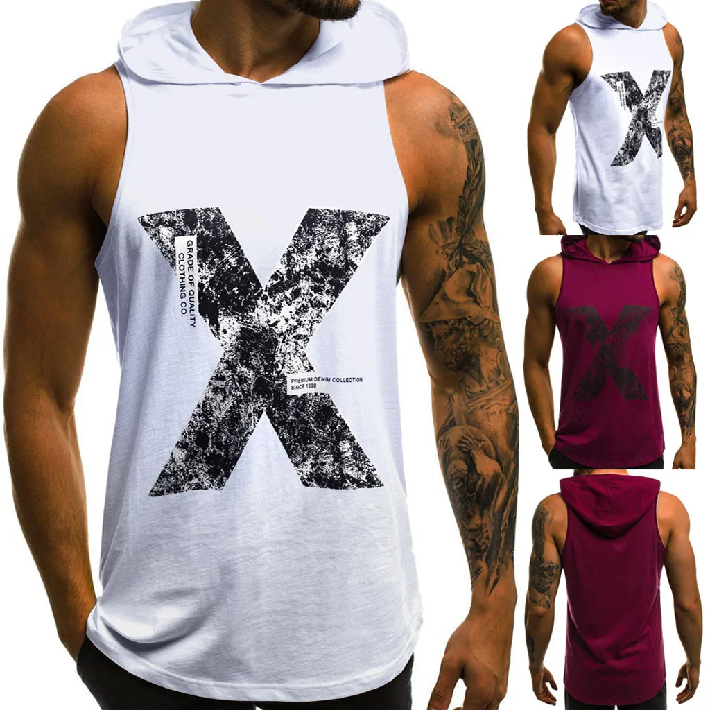

Men's Casual Slim Geometric complex Athletic clothing Letter Printed printing Sleeveless Hooded Tank vest T Shirt Top Blouse