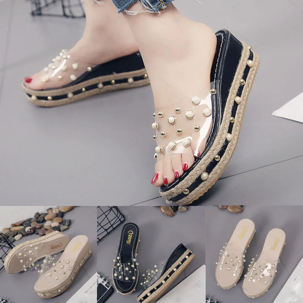 

Fashion Ladies Platform Wedges Thick Bottom Pearl Sandals Comfortable Soft soled String Bead Slip On slippers Pvc Transparent
