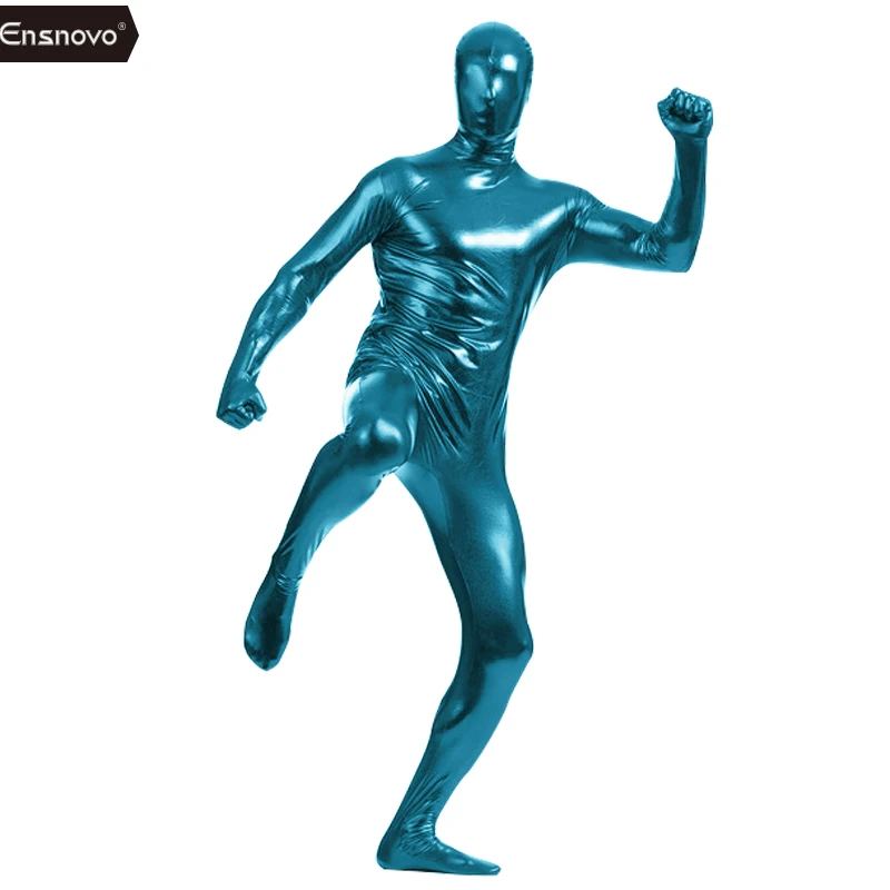 Ensnovo унисекс Zentai телесный полный костюм блестящий металлический Zentai костюм цельный Косплей Костюм мужской Wo мужской s комбинезон из лайкры - Цвет: Blue