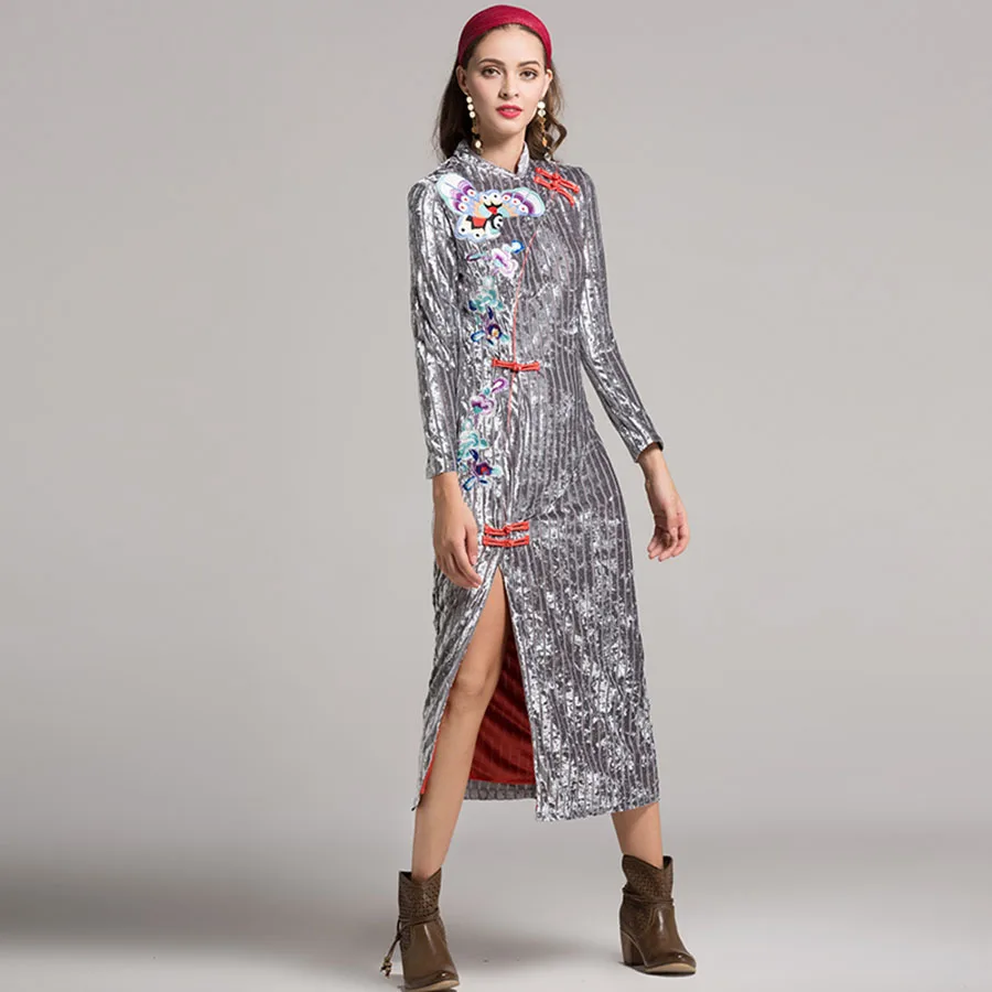 Vintage Novelty Dresses Fashion Long Sleeve 2017 Autumn Mandarin Collar