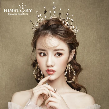 

HIMSTORY Hot European Vintage Gold Stars Bride Tiara Crowns with Long Earring Gold Pearls Hairbands Wedding Hair Accessories