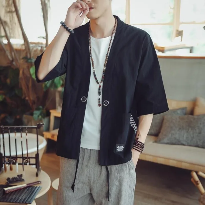 #4206 Summer Vintage Cotton Linen Kimono Jacket For Men Plus Size 5XL Thin Sunscreen Cardigan Kimono Coat Half Sleeve Outerwear