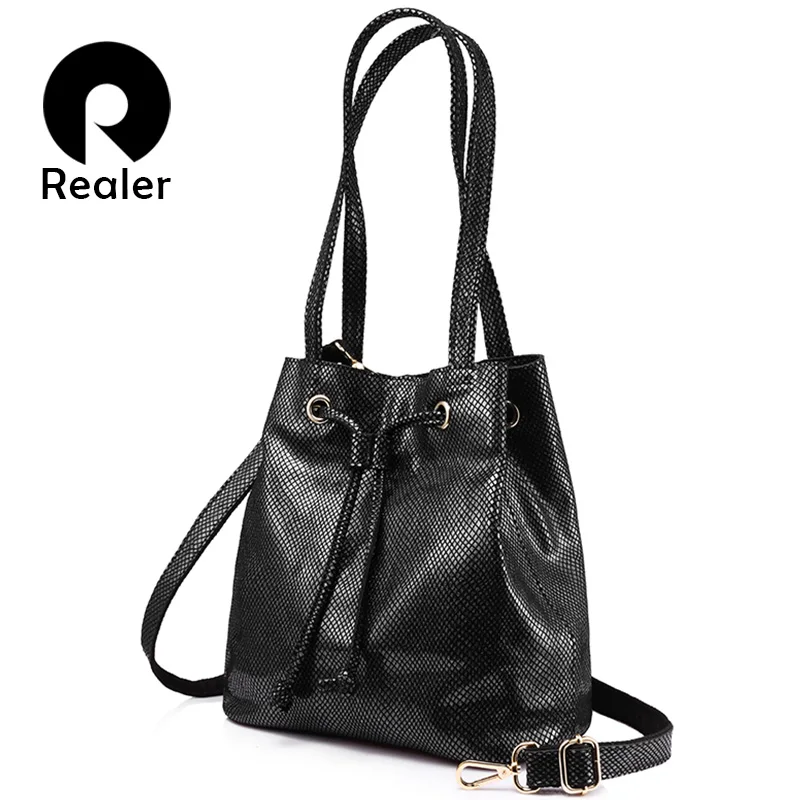 REALER, брендовые модные женские сумки из натуральной кожи, большая вместительность, сумка-мешок, женская сумка на плечо с принтом под змеиную кожу
