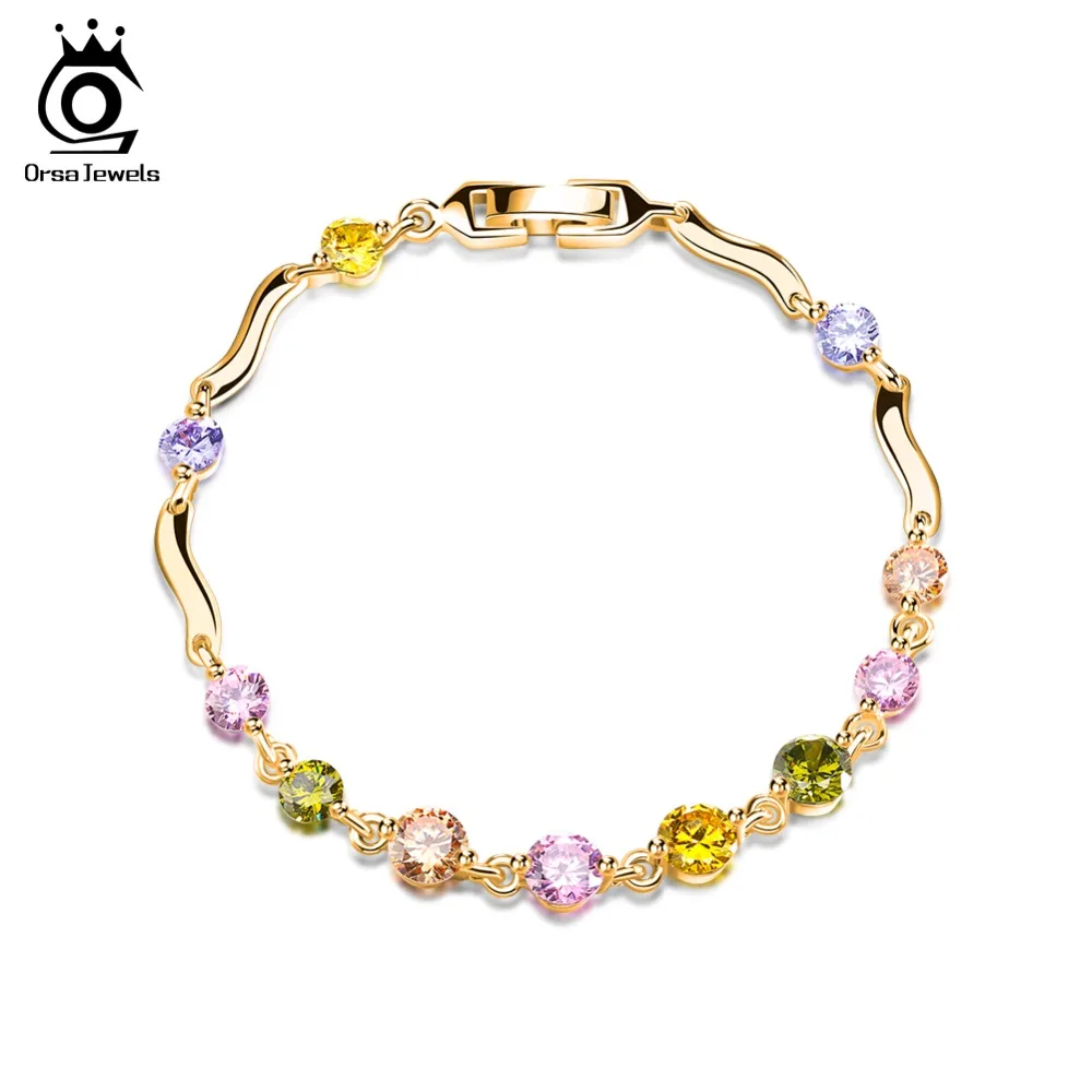 

ORSA JEWELS Female Bracelet AAA Cubic Zirconia Champagne Color Crystal Chain Link Charming Colorful Bracelets For Women OMB13