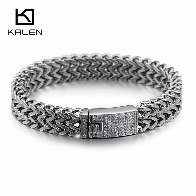 

KALEN 316 Stainless Steel Silver Link Chain Bracelets For Men Rhinestone Charm Trendy Mesh Chain Bracelets Male Birthday Gifts