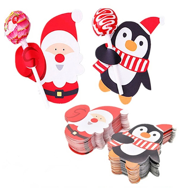 

50 PCS / Lot Santa Claus Penguin Lollipop Christmas Paper Card Candy Xmas Good For Home Birthday Party Christmas Decorations