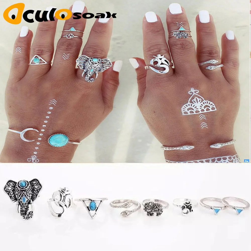 

8pcs /Pack Boho Retro Elephant Snake Blue gem Rings Lucky Stackable Midi Rings Set of Rings for Women Party Bague Homme