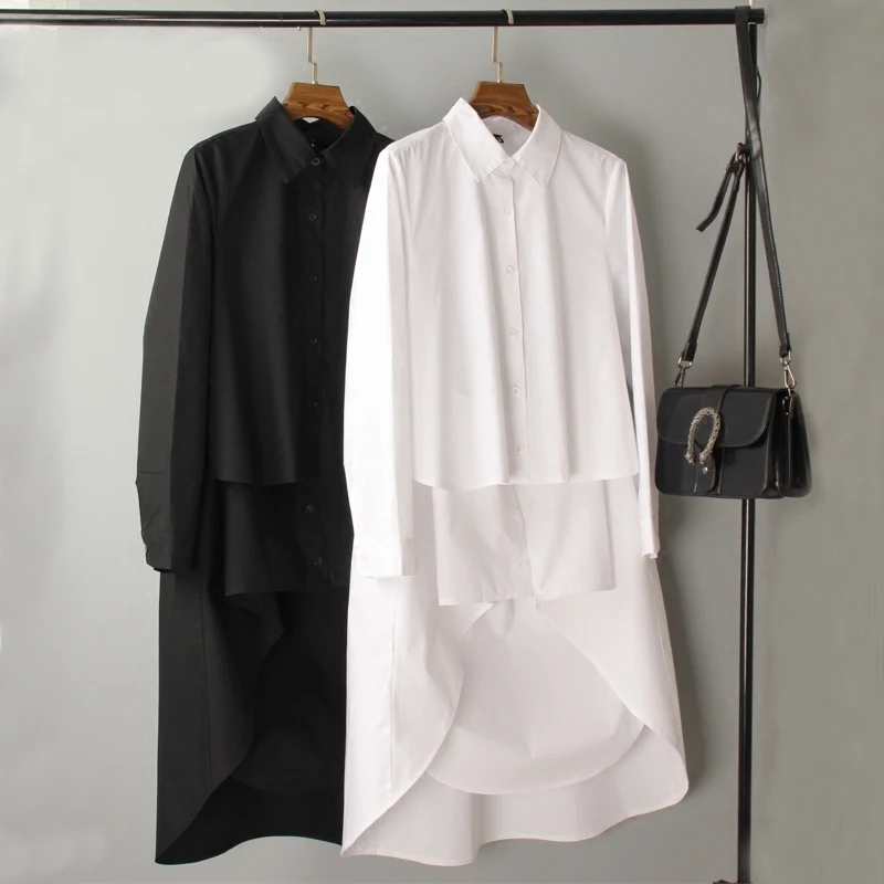 

[EWQ]2019 summer new Turn-down Collar long sleeve Asymmetrical Large size high quality shirt top loose trend women blouse QH324