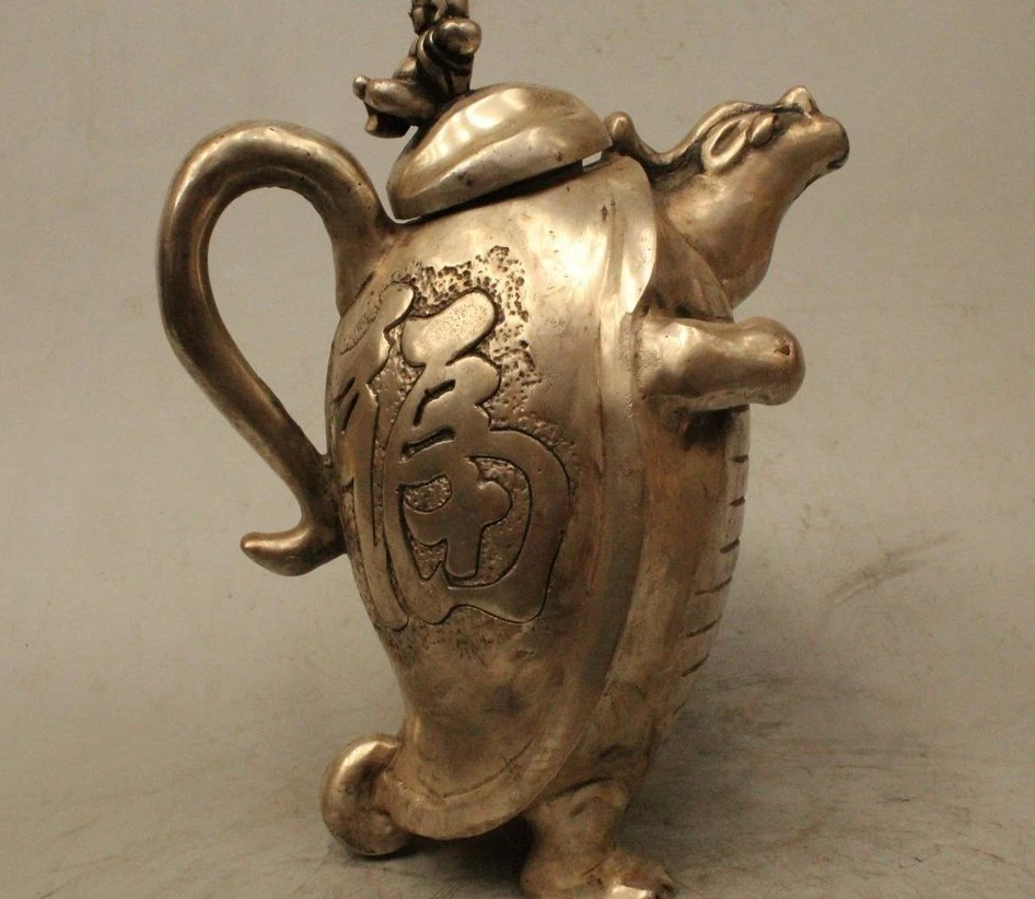 

9" Marked China Dyansty Palace Silver Fu Boy tortoise Water Wine Tea Pot Flagon