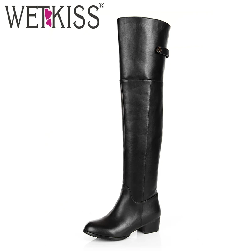 

WETKISS Plus Size 33-43 Genuine Leather Pu Over the Knee Boots Women Thigh High Winter Boots Chunky Heels Zipper Footwear Female