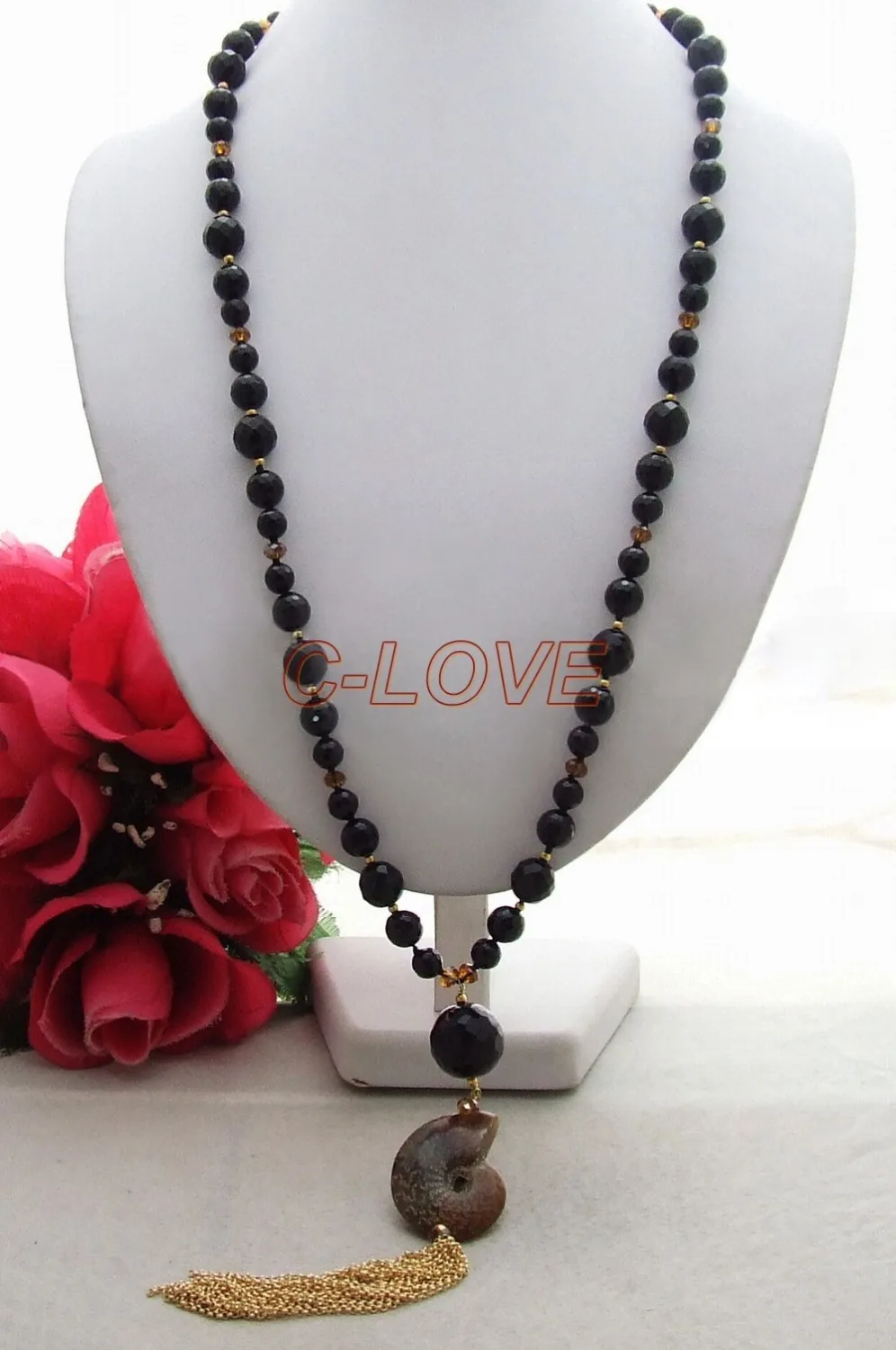 

31" Onyx&Crystal&Ammonite Fossili Pendant Necklace