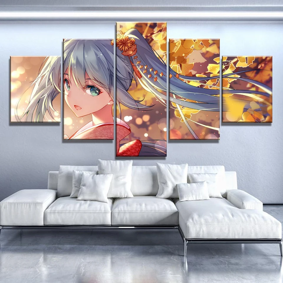 Waliicorners Modular Canvas Painting Home Decor 5 Piece Vocaloid Hatsune Miku Pictures Anime Modern Printed Poster Living Room Wall Art Frame 8