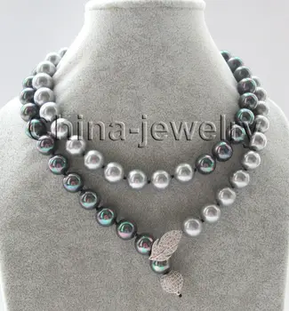 

Free shipping 35" 12mm gray + bright black perfect round south sea shell pearl necklace - GP