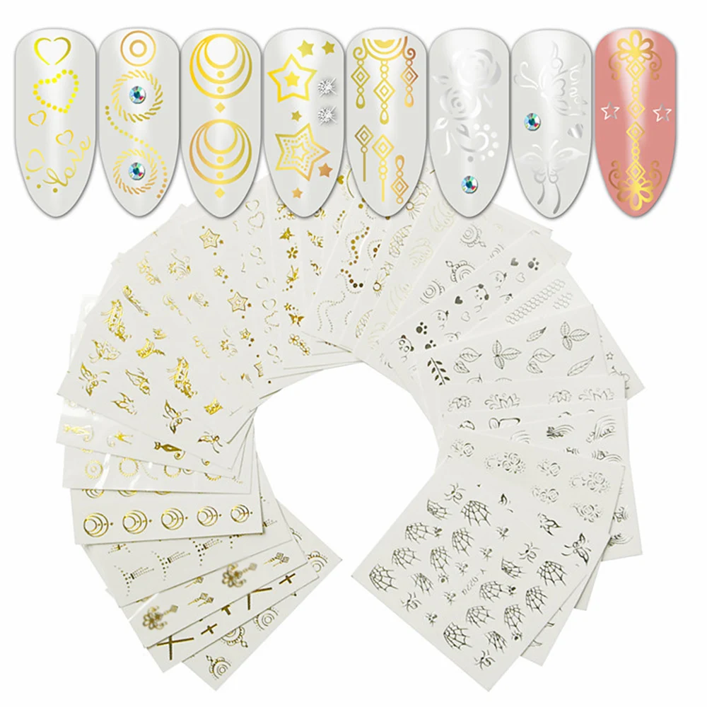 

30 pcs/set Gold Silver Nail Water Sticker Feather Flower Spider Design Decal For Nails Decoration Nail Art Manicure DIY