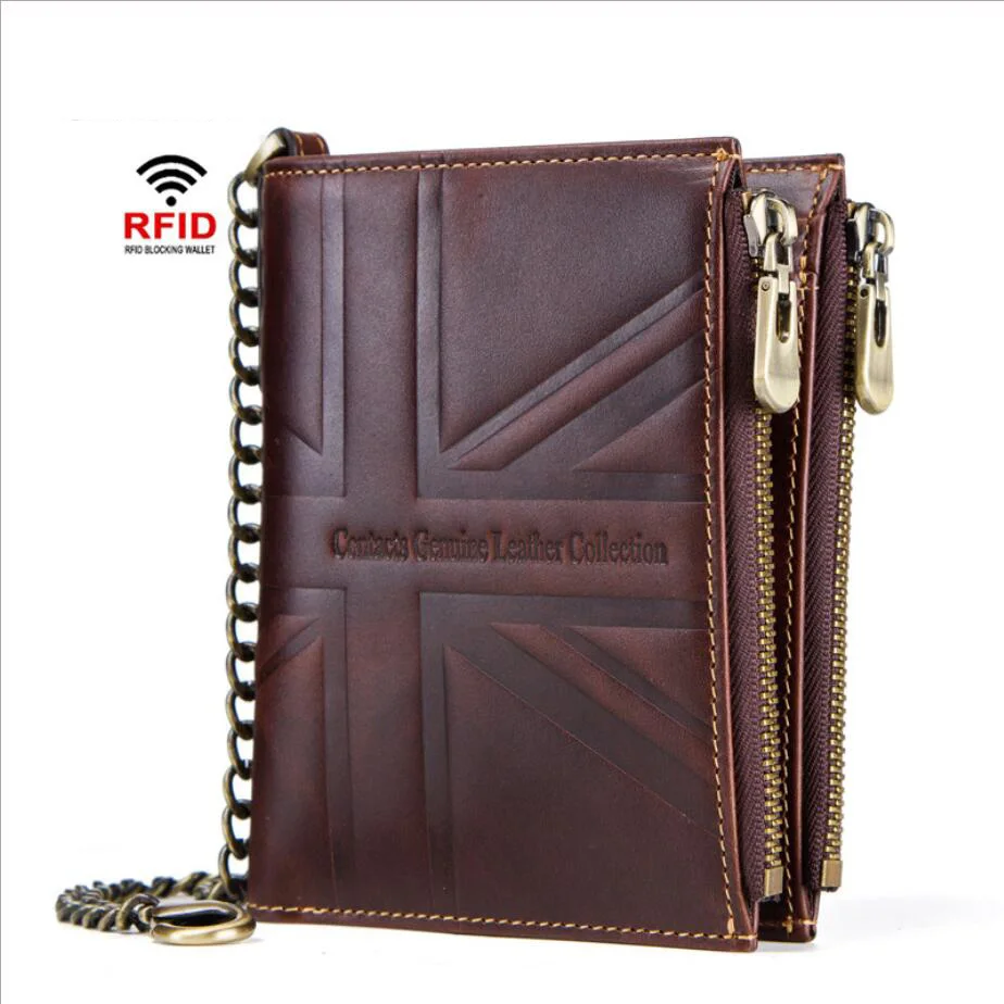 

Fashion Vintage Crazy Horse Oil Genuine Leather Coin Purse Men Chain RFID Wallet Card Holder Carteira masculina Miesten lompakko