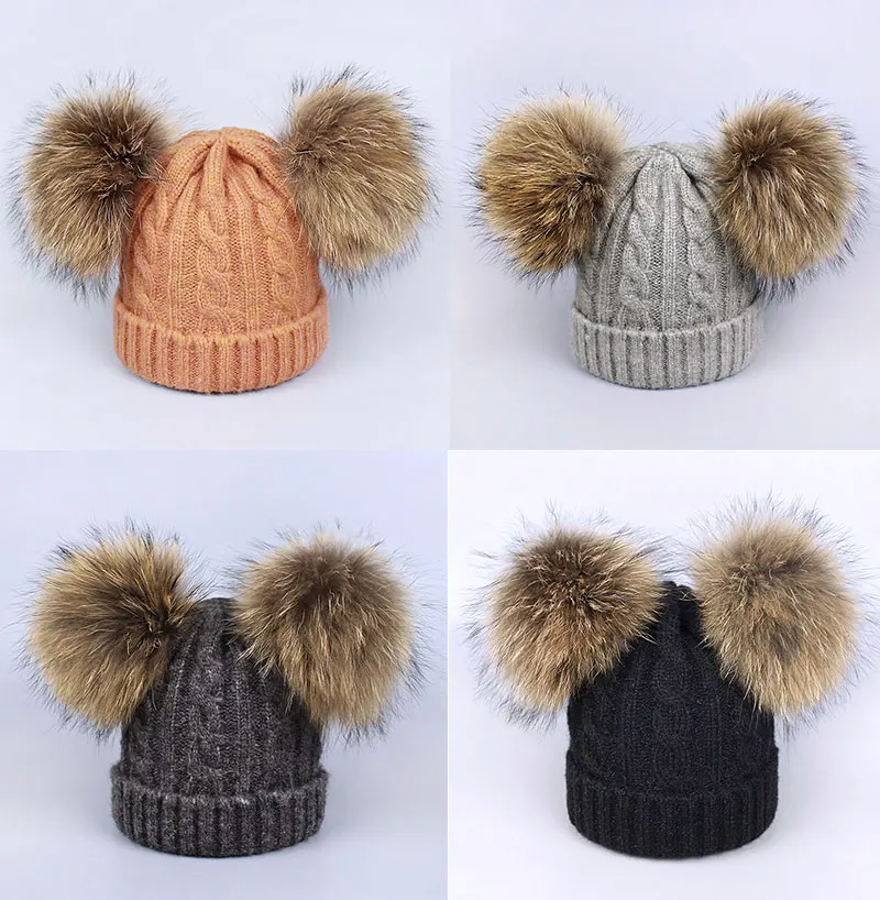 Детская зимняя шапка с помпонами из натурального меха енота для мальчиков и девочек, плотная теплая вязаная шапка с помпоном вязаная детская шапка, брендовая
